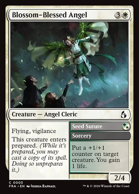 Blossom-Blessed Angel // Seed Suture, original Magic card illustrated by Joshua Raphael
