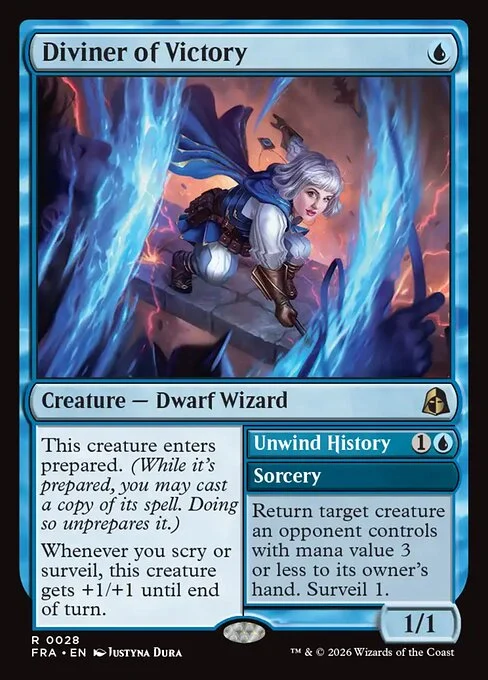 Diviner of Victory // Unwind History, original Magic card illustrated by Justyna Dura