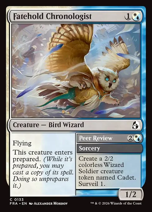 Fatehold Chronologist // Peer Review, original Magic card illustrated by Alexander Mokhov