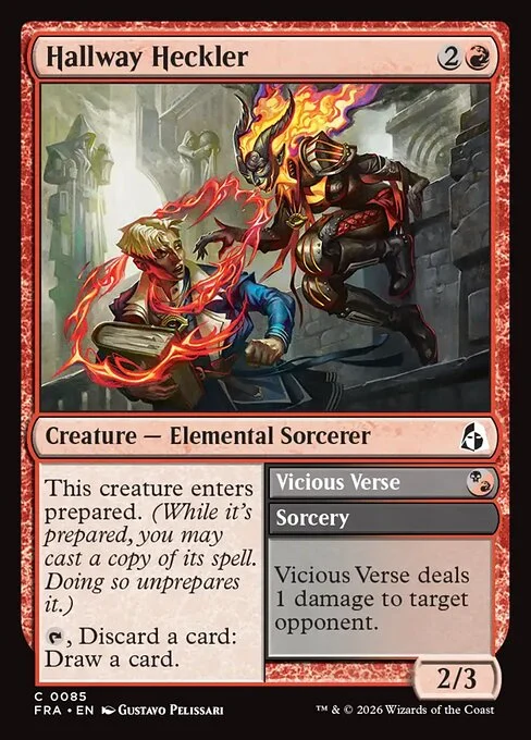 Hallway Heckler // Vicious Verse, original Magic card illustrated by Gustavo Pelissari