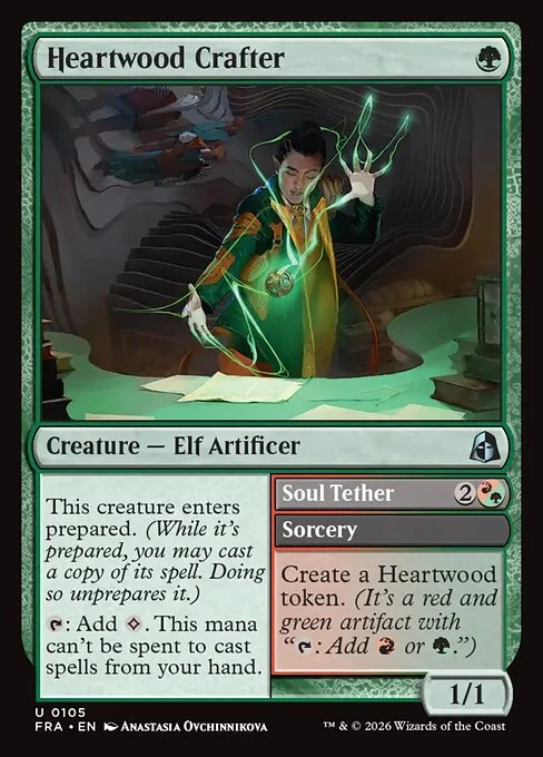 Heartwood Crafter // Soul Tether, original Magic card illustrated by Anastasia Ovchinnikova