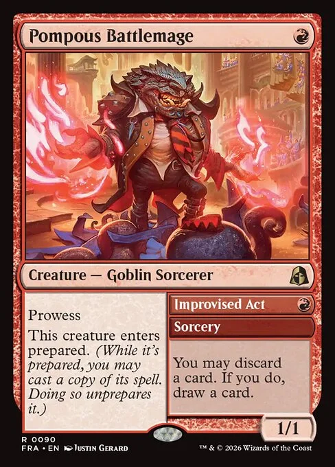 Pompous Battlemage // Improvised Act, original Magic card illustrated by Justin Gerard