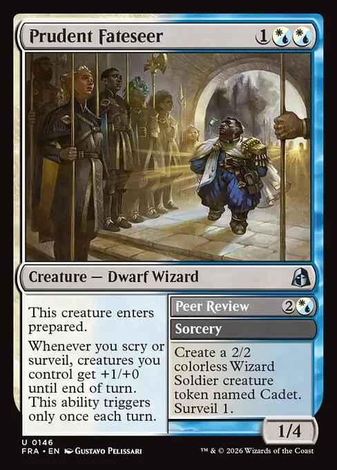 Prudent Fateseer // Peer Review, original Magic card illustrated by Gustavo Pelissari