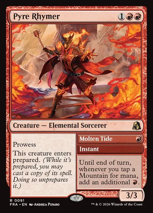 Pyre Rhymer // Molten Tide, original Magic card illustrated by Andrea Piparo