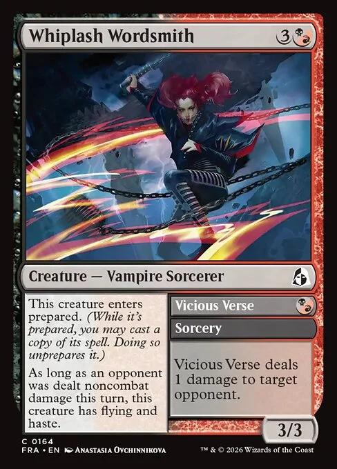 Whiplash Wordsmith // Vicious Verse, original Magic card illustrated by Anastasia Ovchinnikova